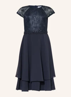 Cocktailkleid im Materialmix mit Pailletten und Schmuckperlen