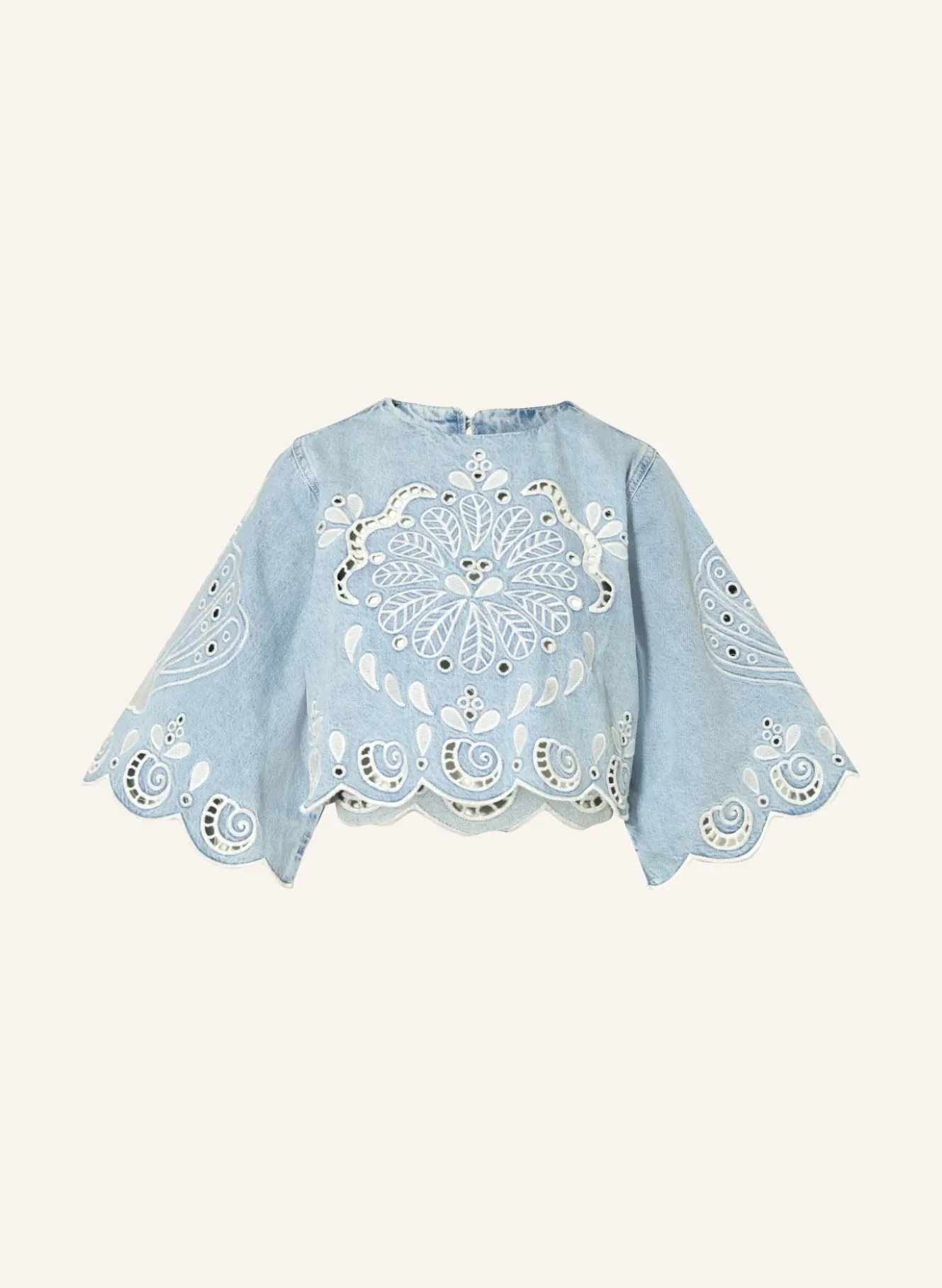 Cropped-Jeansbluse mit Lochspitze und 3/4-Arm