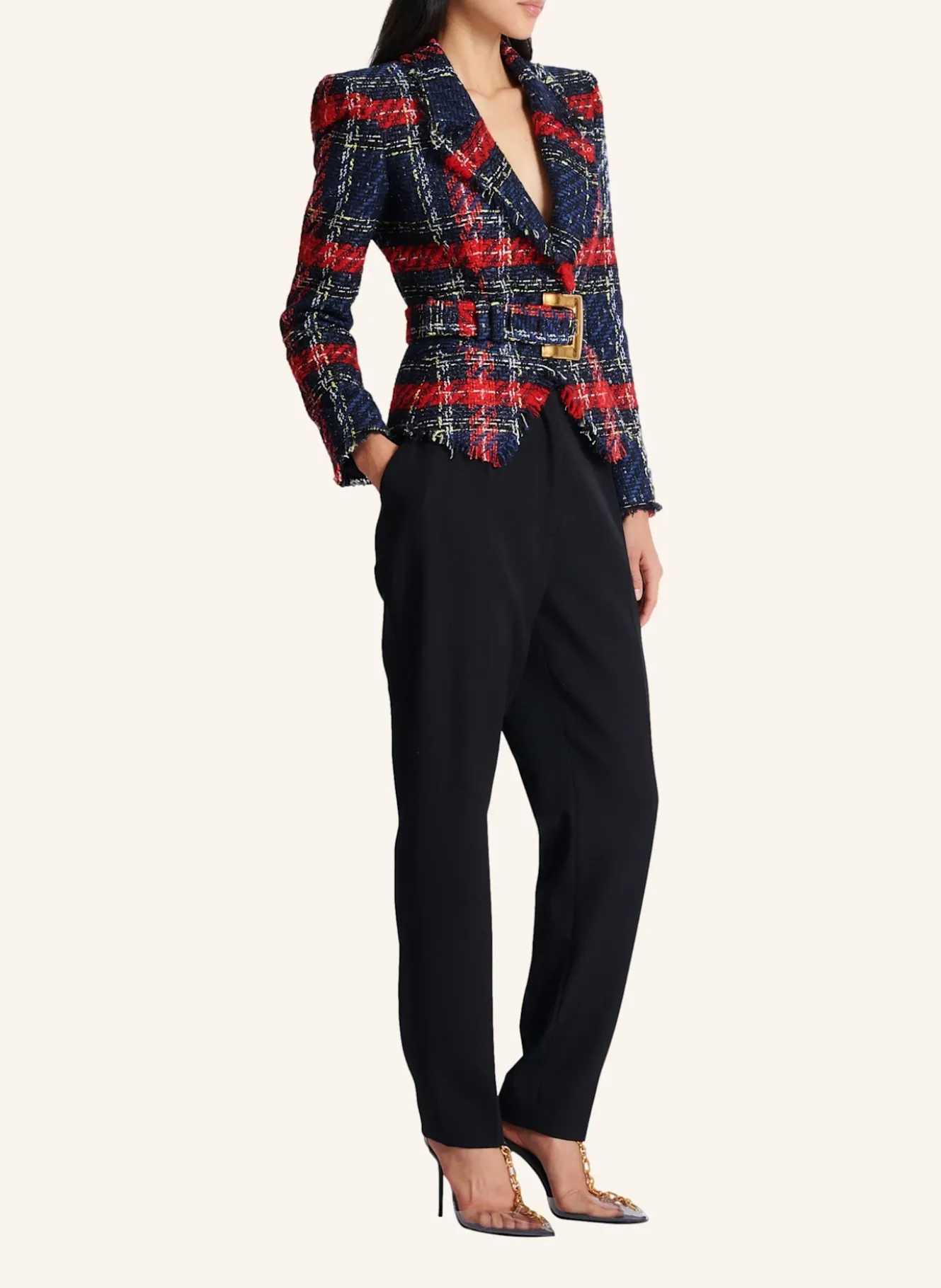 Jacke mit Gürtel aus Tweed mit Tartanmuster