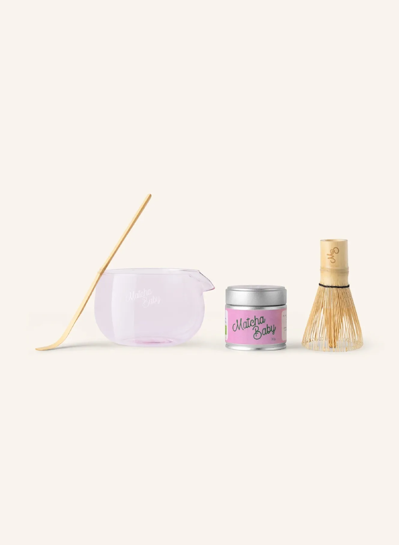 Matcha Baby Traditional Set – mit Rosa Glas-Schale