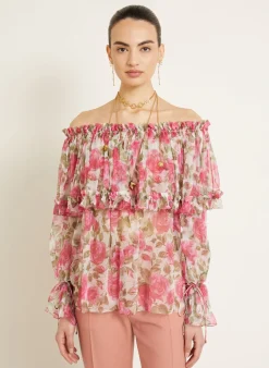 Off-Shoulder-Bluse aus Seide mit Rüschen