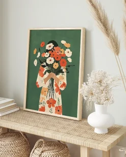 Wandbild BLUMEN AUF GRÜN mit Rahmen